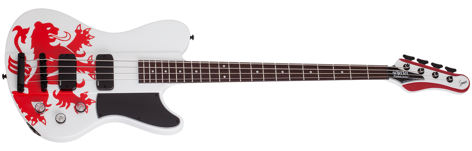 Schecter Simon Gallup Ultra Spitfire Electric Bass, Gloss White with Red Lion graphic 2254-SHC