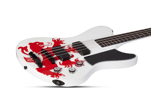 Schecter Simon Gallup Ultra Spitfire Electric Bass, Gloss White with Red Lion graphic 2254-SHC