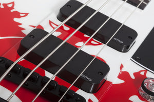 Schecter Simon Gallup Ultra Spitfire Electric Bass, Gloss White with Red Lion graphic 2254-SHC