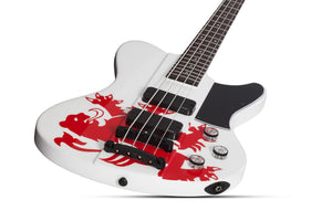 Schecter Simon Gallup Ultra Spitfire Electric Bass, Gloss White with Red Lion graphic 2254-SHC