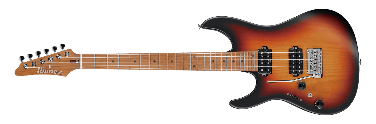 Ibanez Prestige Lefty Roasted Maple Neck with Seymour Duncan Hyperion Pickups and Hardshell Case in Tri Fade Burst Flat - The Guitar World