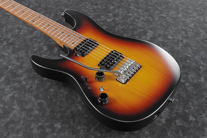 Ibanez Prestige Lefty Roasted Maple Neck with Seymour Duncan Hyperion Pickups and Hardshell Case in Tri Fade Burst Flat - The Guitar World