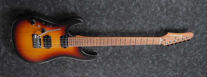Ibanez Prestige Lefty Roasted Maple Neck with Seymour Duncan Hyperion Pickups and Hardshell Case in Tri Fade Burst Flat - The Guitar World