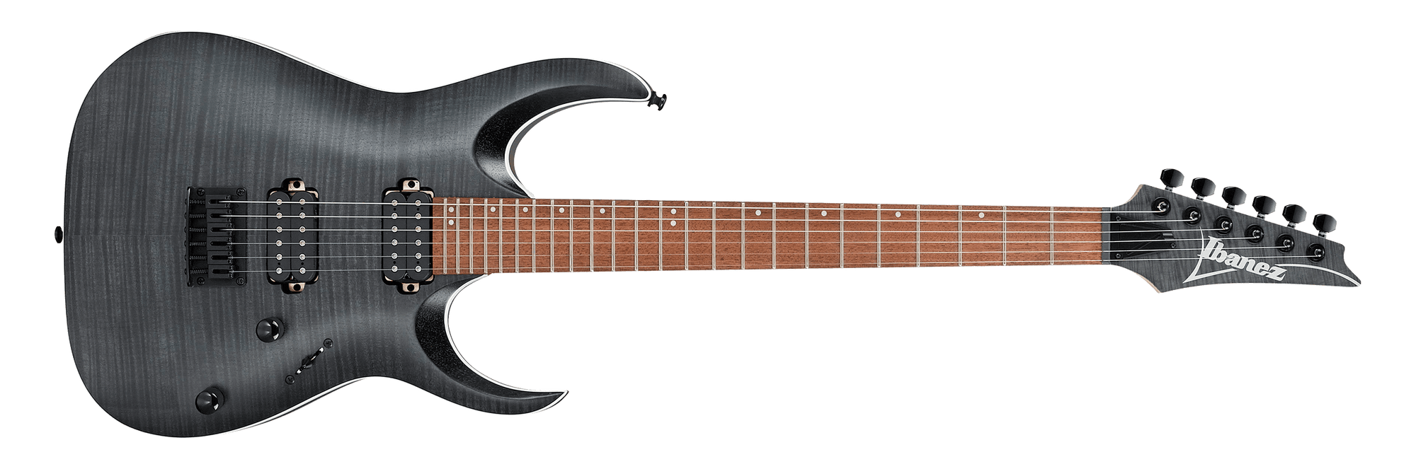 IBANEZ RGA FLAME MAPLE TOP MERANTI BODY MAPLE NECK IN TRANSPARENT GRAY FLAT - The Guitar World